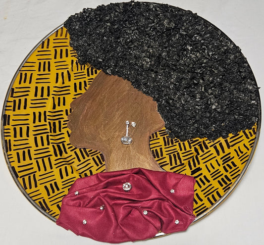 Afro Girl /  plastic, textured, metallic acrylic, cloth, canvas unframed / 13in