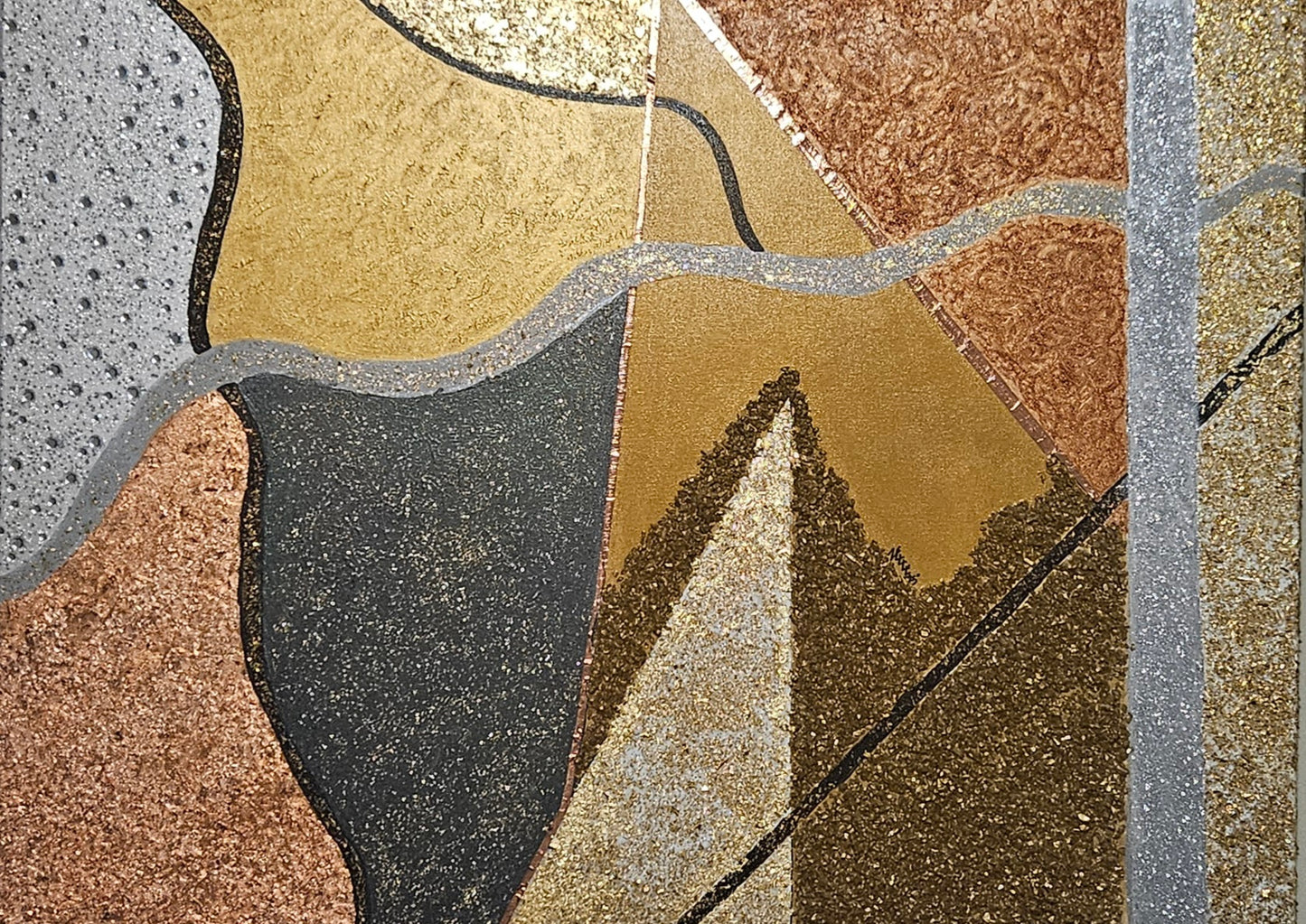 Dimensions of Chaos / textured, metallic acrylic, rocks, leaf glitter unframed / 40x28