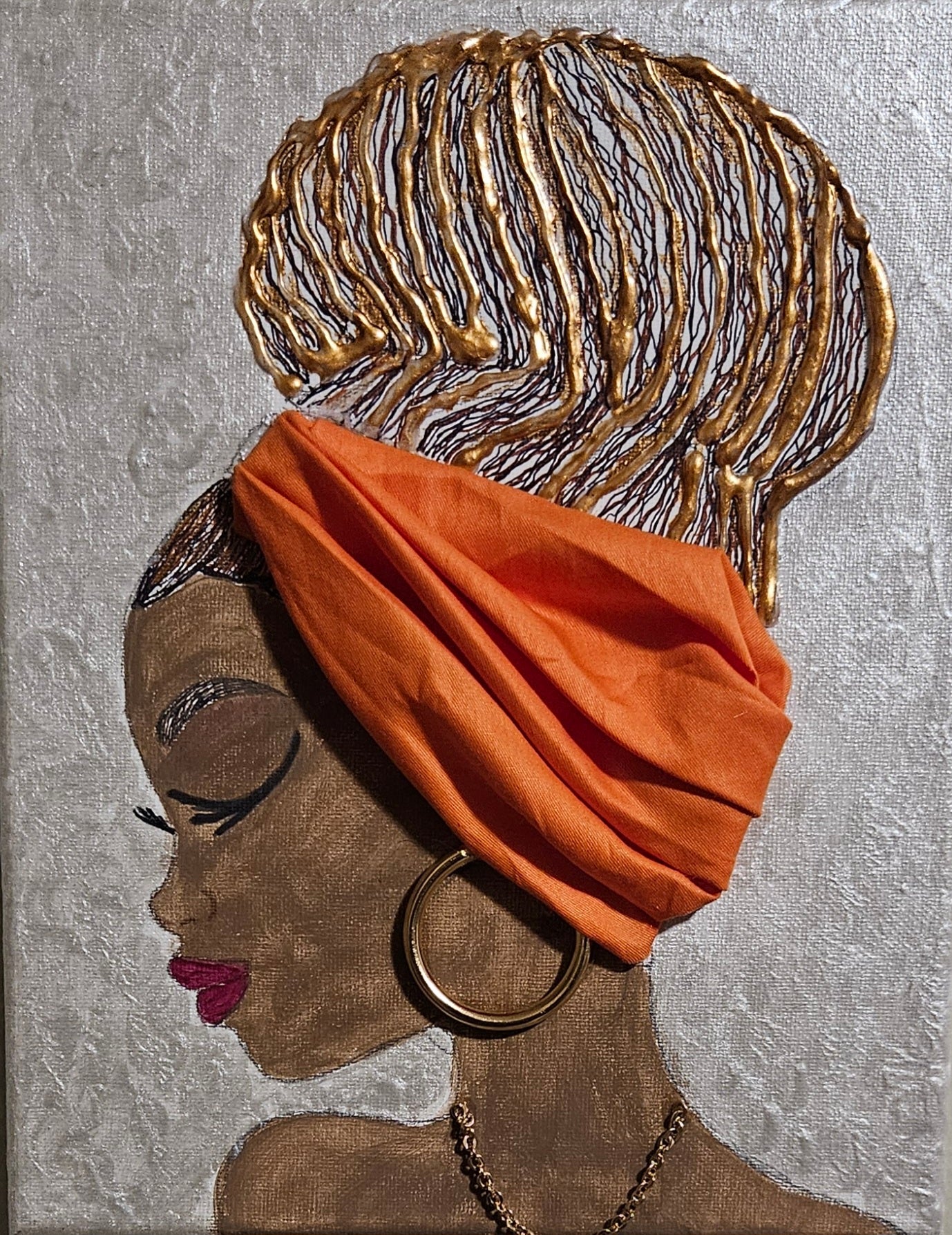 Fly Girl / textured, metallic acrylic, cloth, canvas framed / 16x20