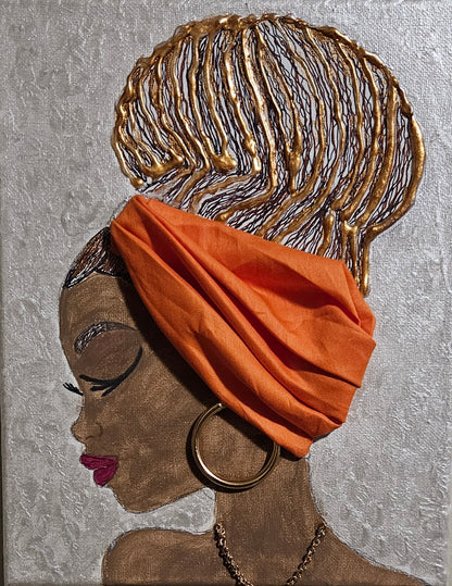 Fly Girl / textured, metallic acrylic, cloth, canvas framed / 16x20