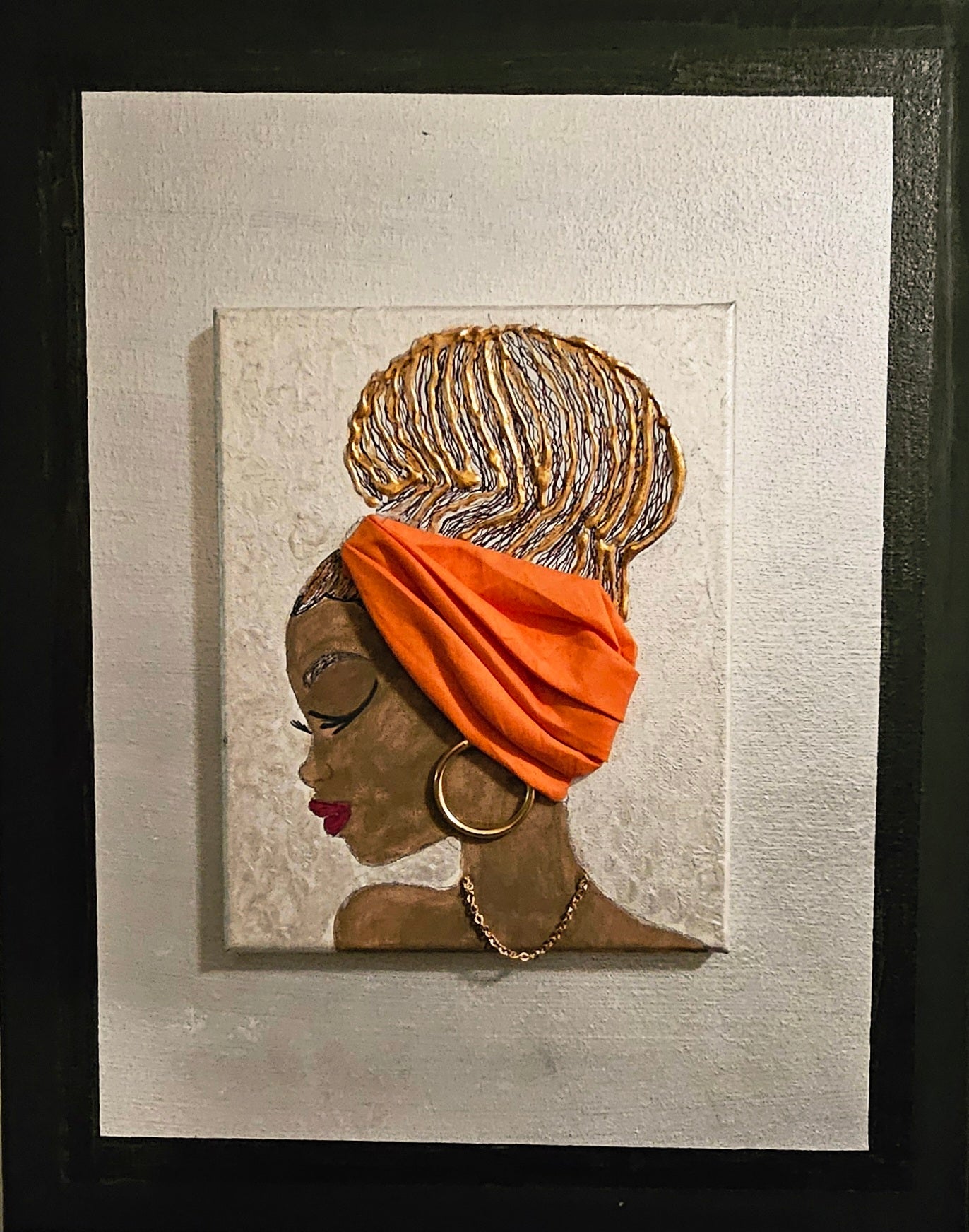 Fly Girl / textured, metallic acrylic, cloth, canvas framed / 16x20